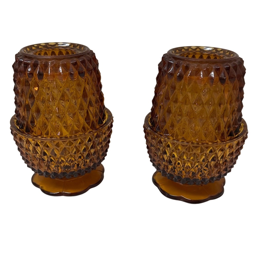 Indiana Glass Amber Whitehall Diamond Point Fairy Lamp Votive Set of 2